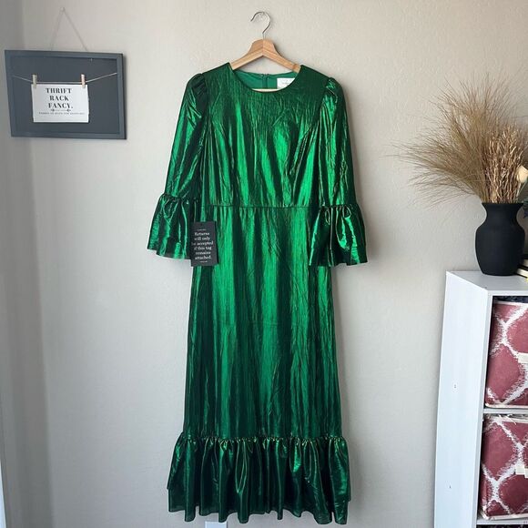 NEW Tuckernuck Dress Emerald Green Lillith Lurex Crinkle Midi Dress Size M‎ - Picture 2 of 10